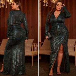 Love & lemonade dark green dress curve Deep V neck wrap sequin long sleeves 1XL